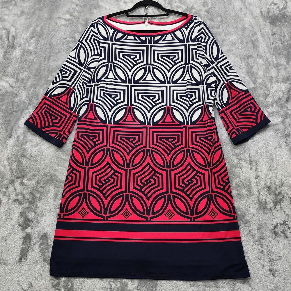 Christopher & Banks Dress Womens 16 Pink Blue White Geometric Long Sleeve Sheath